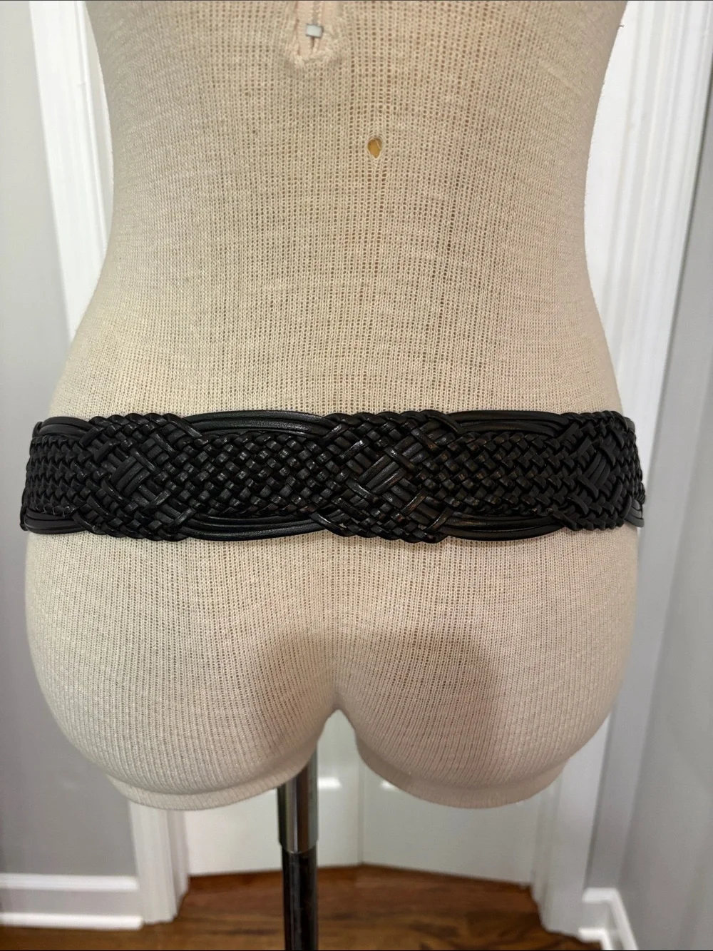 Black wide genuine bonded leather  woven boho belt sz XL